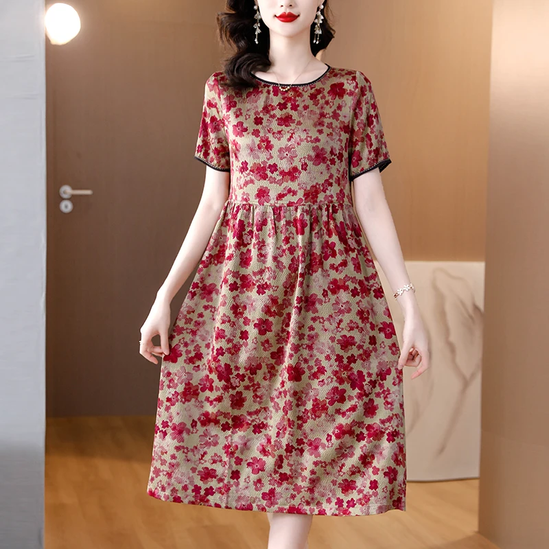 

2023 New Fashion Silk Printed Dress Women's Summer Versatile Round Neck Short Sleeve Loose Fit Casual Holiday Dress Vestidos