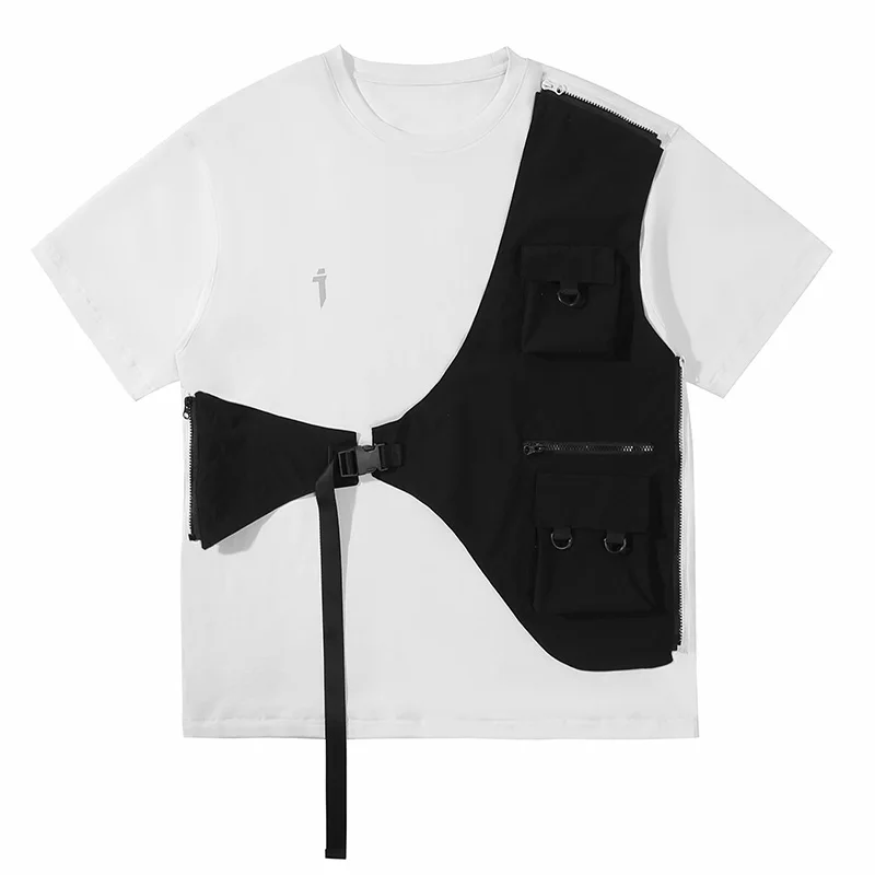 Techwear Zipper Removable Vest Fake Two Pieces Ribbons Hip Hop T