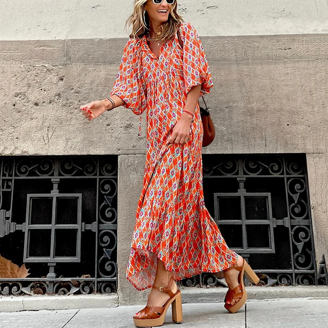 2022 Summer Floral Print Puff Sleeve Robe Gypsy Hippie Dress Vestidos Plus  Size V Neck Boho Maxi Dresses Women Vintage - AliExpress