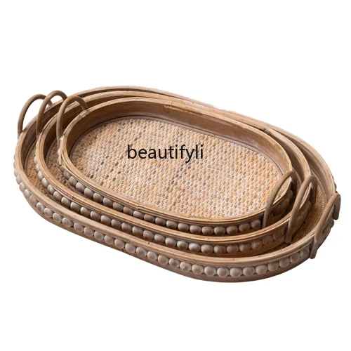 

Vintage Rattan Tray Desktop Storage Decorative Tray Rectangular Fruit Tray Solid Wood