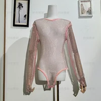 Fashionable Sexy Performance Clothes Mesh Hollow Jumpsuit Round Neck Perspective Long Sleeve Sparkling Bottoming Shirt for Women - Image 2