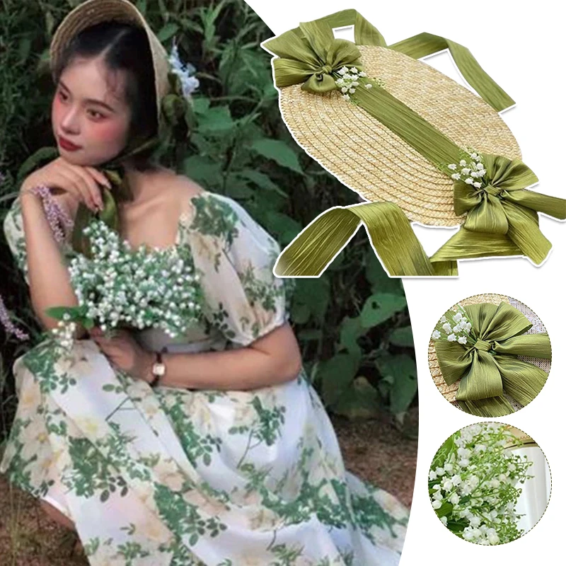 Women Victorian Wedding Tea Party Bonnet Handmade Lolita Retro Green Flower Bow Beach Sun Straw Weaving Hat French Pastoral Cap 2