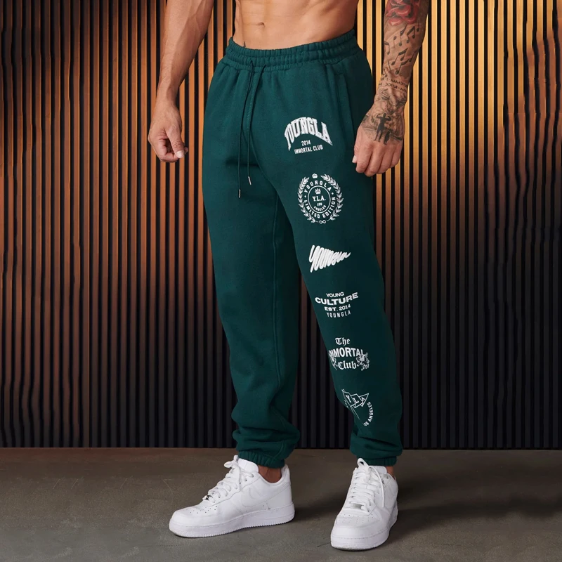 American Casual Men Trousers Spring Autumn New Jogger Gym Sports Fitness Sweatpants Cotton Printed Mid Waist Drawstring Pants