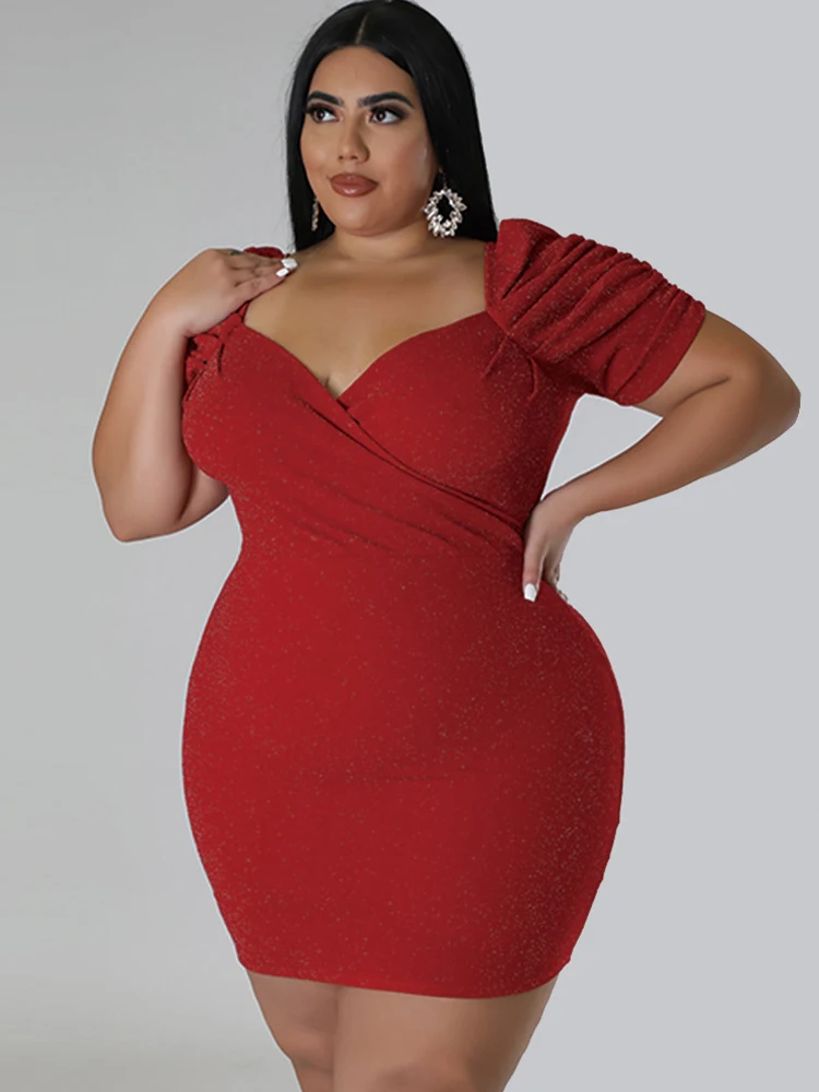 

ZJFZML ZZ Plus Size Women's Dresses Luxury Low Neck Ruff Short Sleeve Bodycon Dress 2023 High Waist Above Knee Length Mini Dress