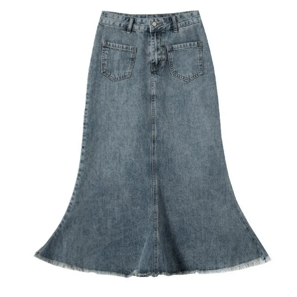 Classic High Waist Denim Skirt Women Solid Color Retro A-line Half Dress Loose Chic Hairy Fishtail Skirt Beach