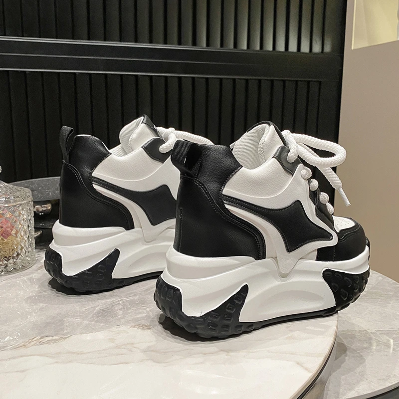 Women High Platform Sneakers 2023 New Autumn Breathable Chunky Dad Casual Shoes 10CM Thick Sole Trainers Leather Sneakers Woman