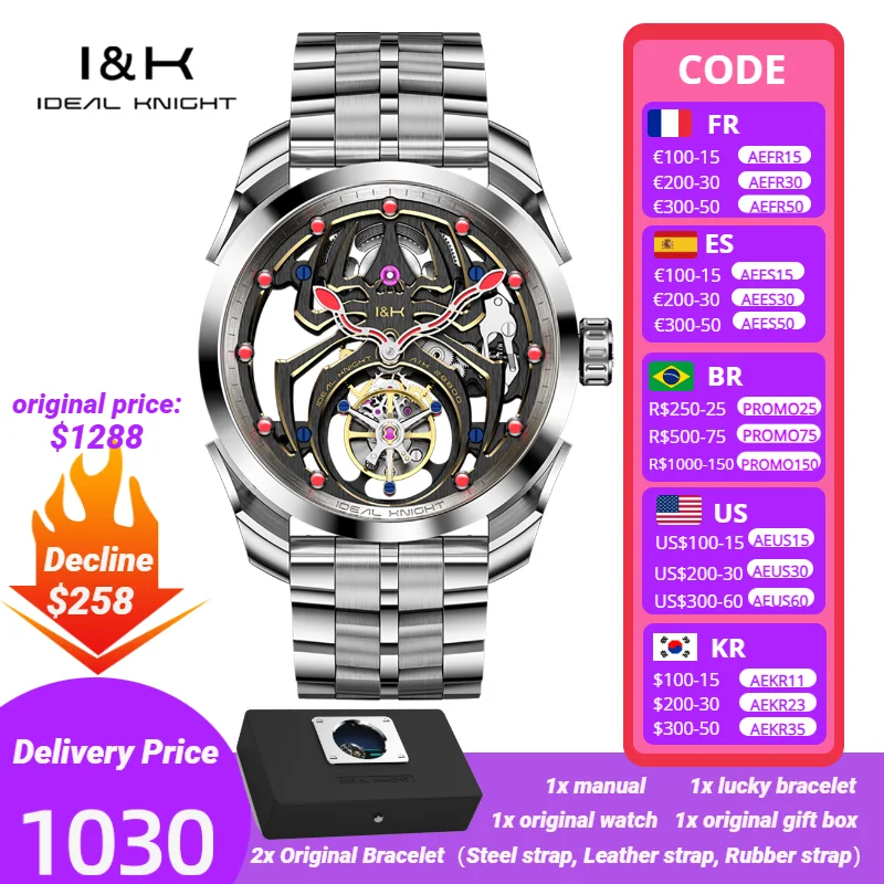 Ideal Knight Automatic Mechanical Watch for Men Hollow out Spider Design   Flywheel Movement Sapphire Mirror Men's Watches