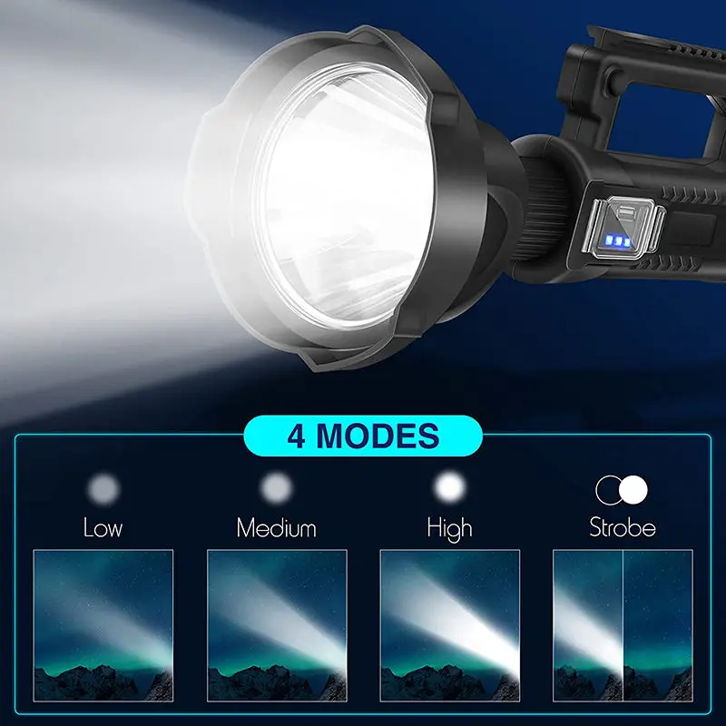 LED Flashlight LED Rechargeable Spotlight High Lumens 4 Modes IPX5 Waterproof Large Searchlight with Tripod