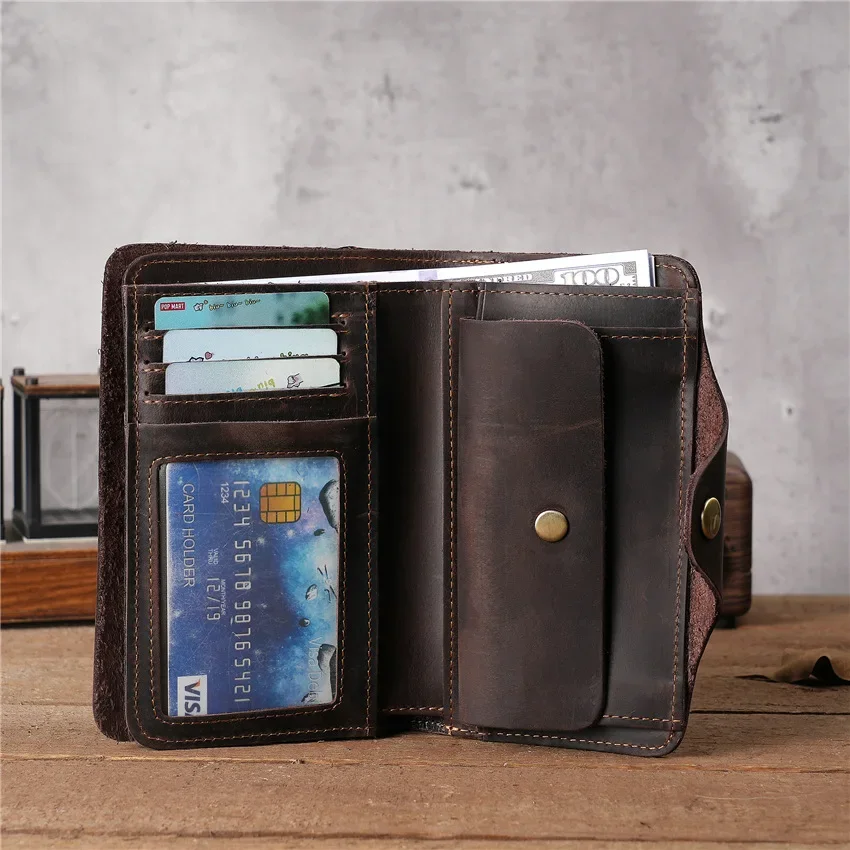 Crazy Horse Leather Men's Wallet with Two Folds, Genuine Top Grain Leather, Vintage Purse