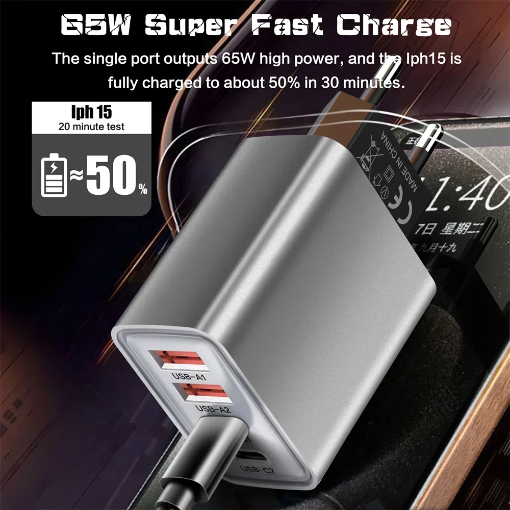 65W USB Charger Type C Quick Charge Mobile Phone Charger Fast Charging Travel Adapter For iPhone 15 16 Samsung Xiaomi 15 Huawei