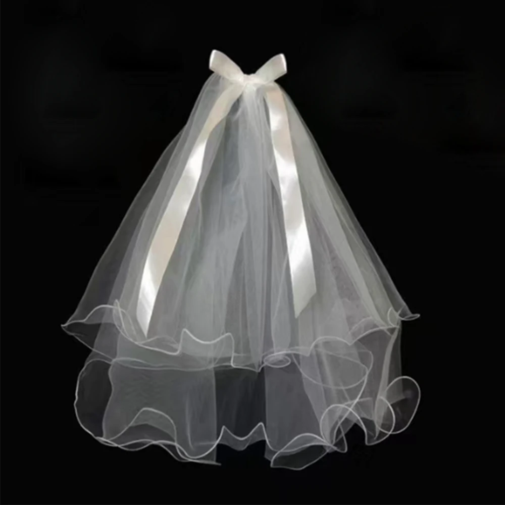 

Beach White Ivory Tulle Wedding Veils Pencil Edge Pearls Kids Bridal Veil with Comb Wedding Accessories