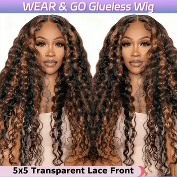 1B/30 Ombre Brown Glueless Human Hair Wig Pre-Plucked Pre-Cut Deep Curly Wave 5x5 HD Lace Frontal Wig with Baby Hair for Women 1