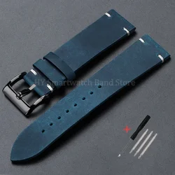 Handcrafted Vintage Oil Wax Leather Watch Band - Premium Cowhide Strap with Handmade Stitching - 22mm (Blue - Black)