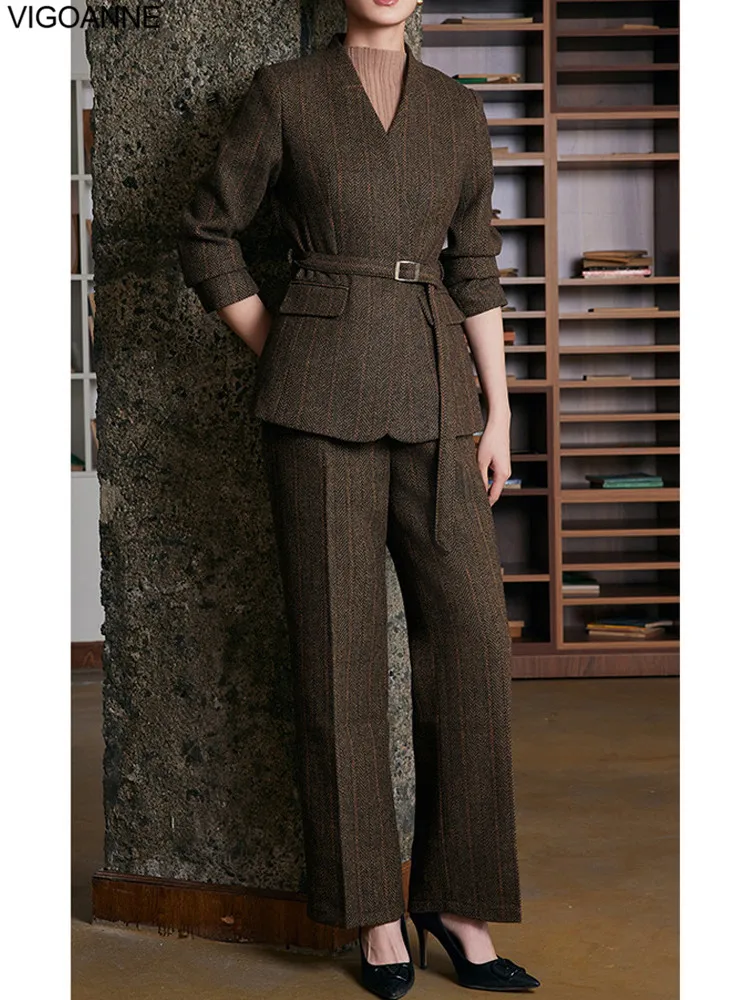 2025 Autumn Women Brown Slim Professional Suit High Waist Staight Long Pants Set Lady Office Trousers Coat 2 Piece Blazer Suit 1