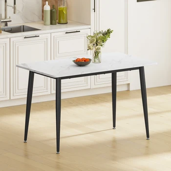 120CM Dining Table, Marble Effect Dining Table with Black Metal Legs Kitchen Table,Modern Dining Tables for Home/Kitchen Office