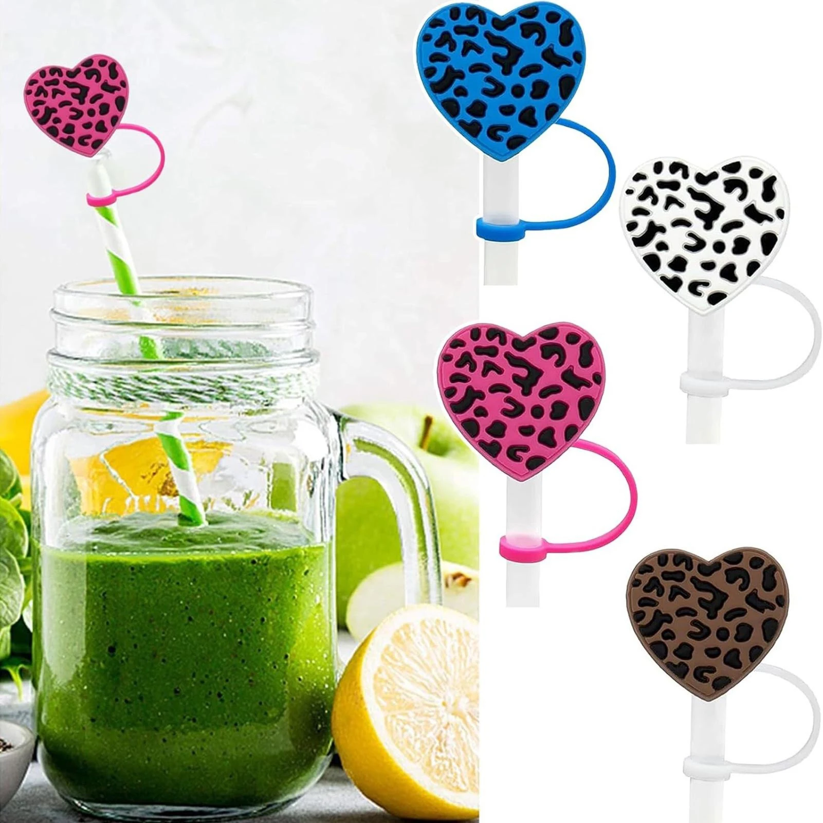 4Pcs Straw Cover,Cute Straw Topper for 40oz & 30oz Tumbler with Heart-Shaped Leopard Print,10mm Leopard Reusable Glasses T