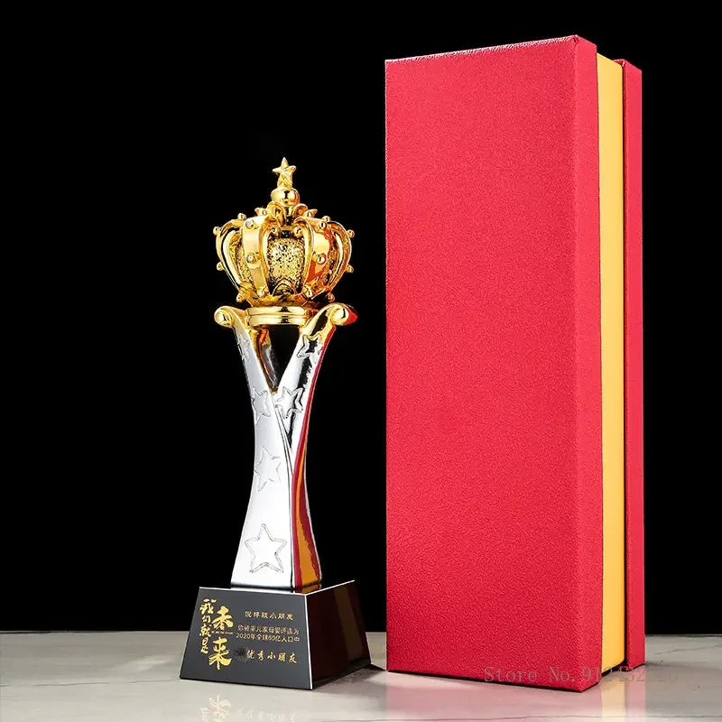 Customized Crystal Gold/Silver/Copper Creative Resin Trophy, Character Event Souvenir Home Decoration Crown Trophy Gift Box, 1Pc