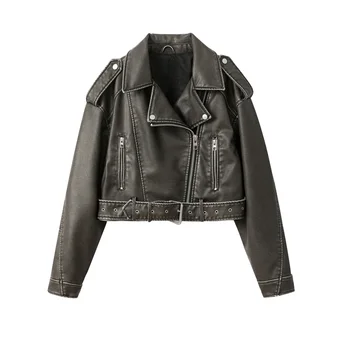 RARF 2024New Coal graysty le Women's washed leather jacket with belt, short coat with downgraded zipper and vintage lapel jacket 7