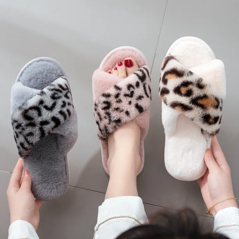 

Fashion Cross Women Slippers Winter Warm Artificial Indoor Home Floor Shoes Women Fluffy Fur Home Winter Warm Plush Slippers