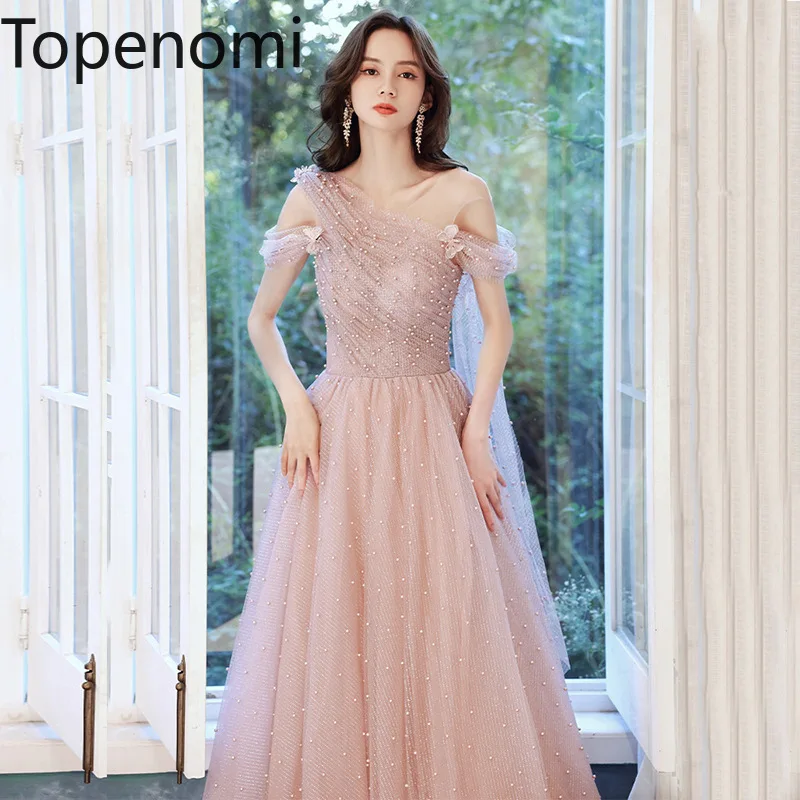 

Topenomi Pink Pearls Mesh Party Bridesmaid Dresses Women 2024 New Temperament Bandage Waist Ribbon Evening Gown Fairy Prom Dress