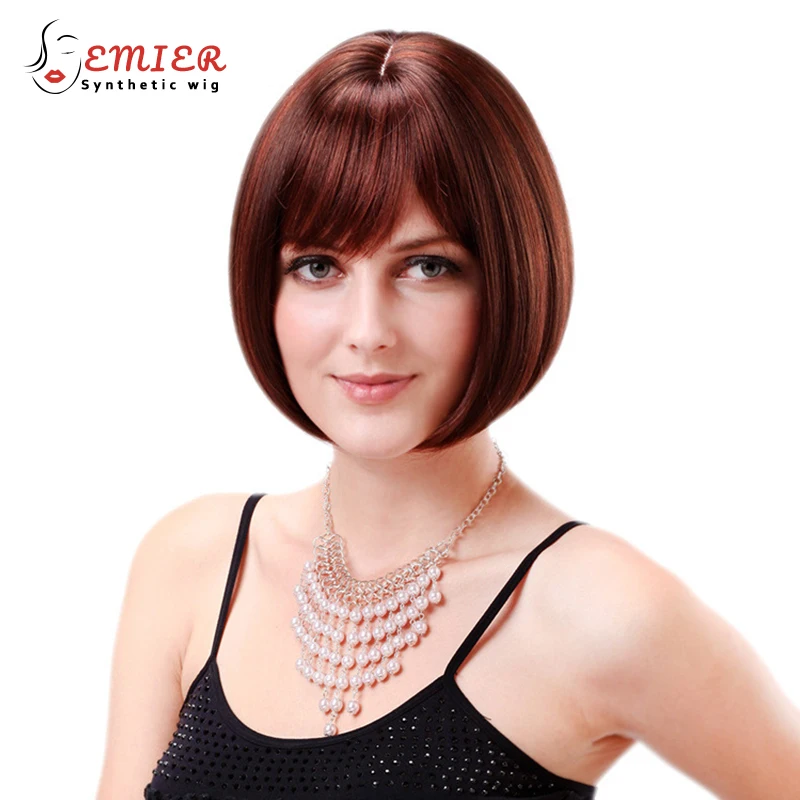 

Burgundy Straight Short Bob Wig With Bang For Women Heat Resistant Red Fiber Synthetic Dark Wine Red Bangs Wigs For Cosplay