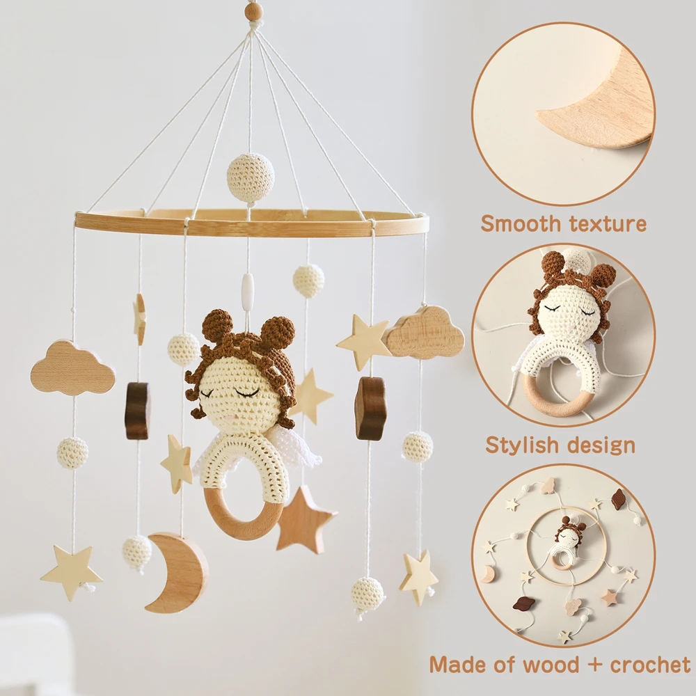 Wooden Crib Mobile Baby Bed Bell Rattle Toy Crochet Cartoon Angel Mobile Hanging Newborn Music Box Bed Bell Hanging Bracket Toy 3