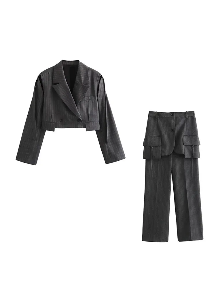 

ZADATA Autumn Retro Women's Shoulder Padded Short Jacket Lapel Long Sleeve Bomber Jacket Metal Snap Button Jacket Pants