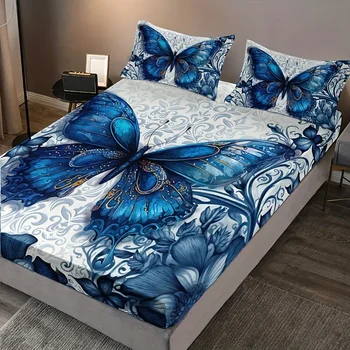 Set di lenzuola con angoli floreali a farfalla blu da 3 pezzi (1 lenzuolo con angoli + 2 federe senza inserto per cuscino), stampa HD per lenzuolo 1