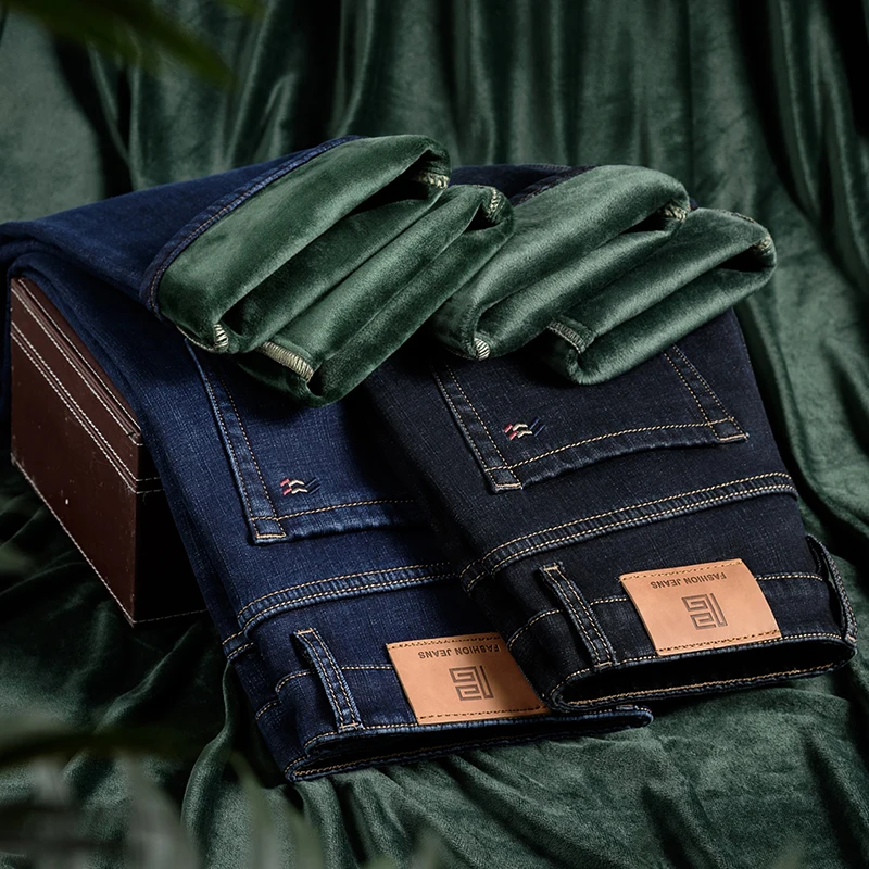 

2023 New Winter Men's Fleece Warm Jeans Thickened Straight Cotton Stretch Denim Pants Business Casual Brand Black Blue Trousers