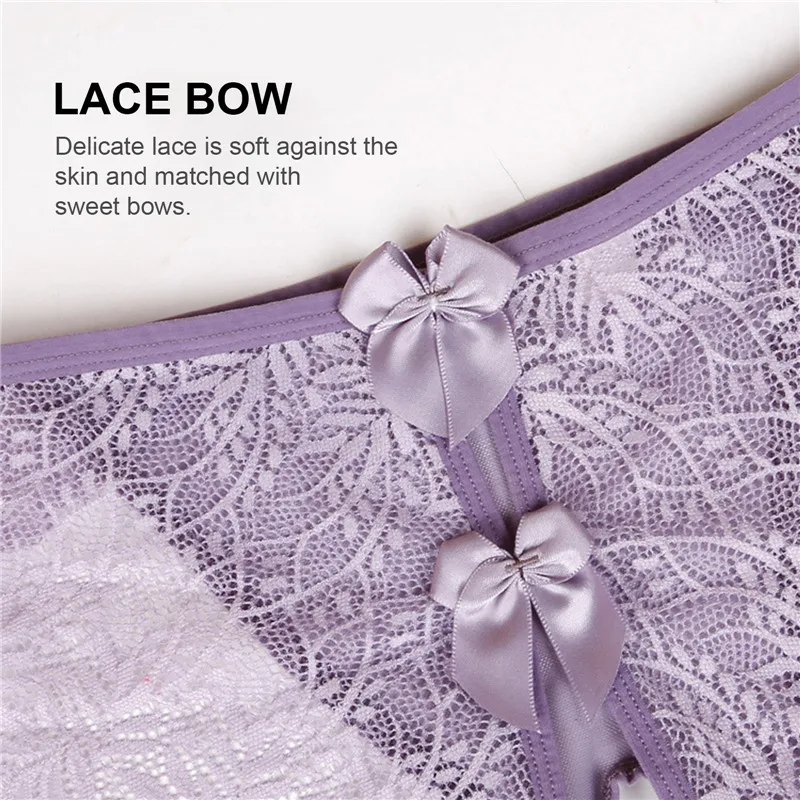 Women Exotic Sexy Lace Open Crotch Panties Mesh Perspective Underwear Ladies Lace Bow Thong Crotchless Briefs Erotic Lingerie
