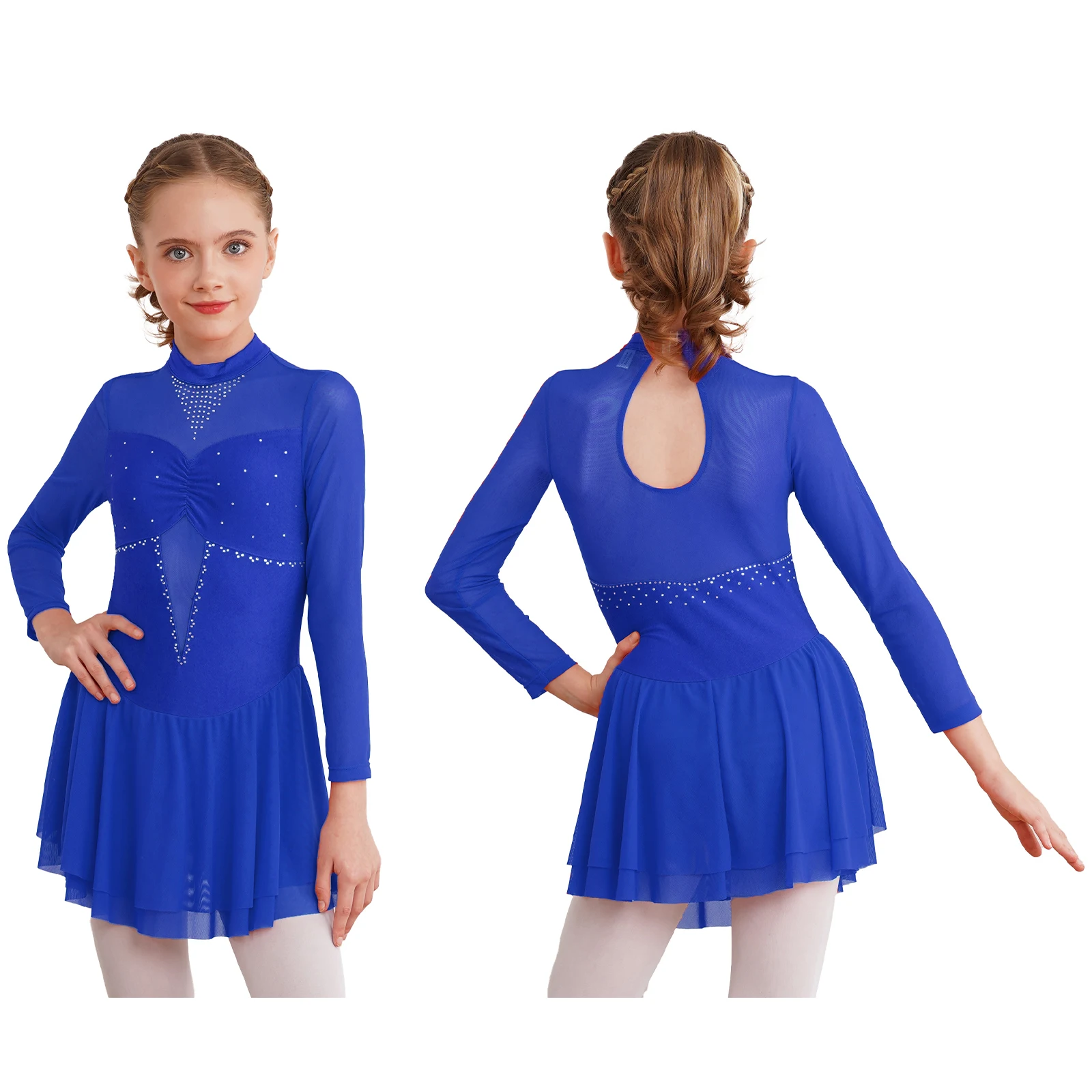 Vestido de tul y malla de gimnasia para niñas, ropa de baile, manga larga, cuello redondo, brillantes diamantes de imitación, para patinaje artístico, baile de salón