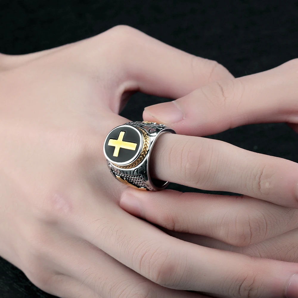Men Vintage Stainless Steel Cross Ring Gold Color Punk Hip Hop Christian Biker Signet Ring Jewelry Amulet Gift finger rings,cross rings,punk rings,vintage jewelry