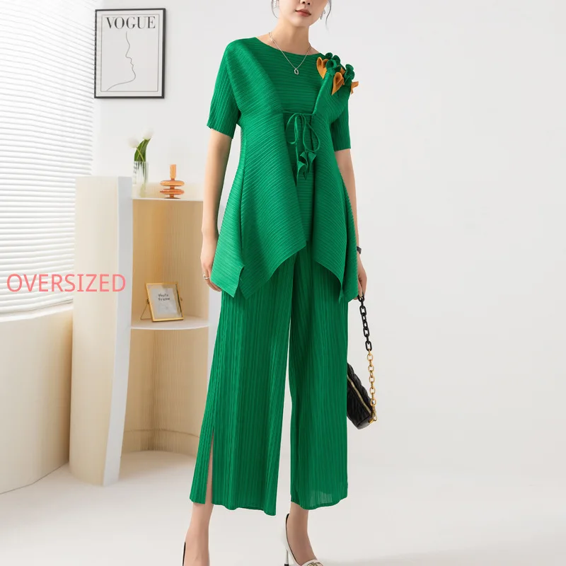 

Miyake, плиссированный повседневный костюм, женский модный комплект из двух предметов, Летний Новый Свободный Топ + штаны с широкими штанинами