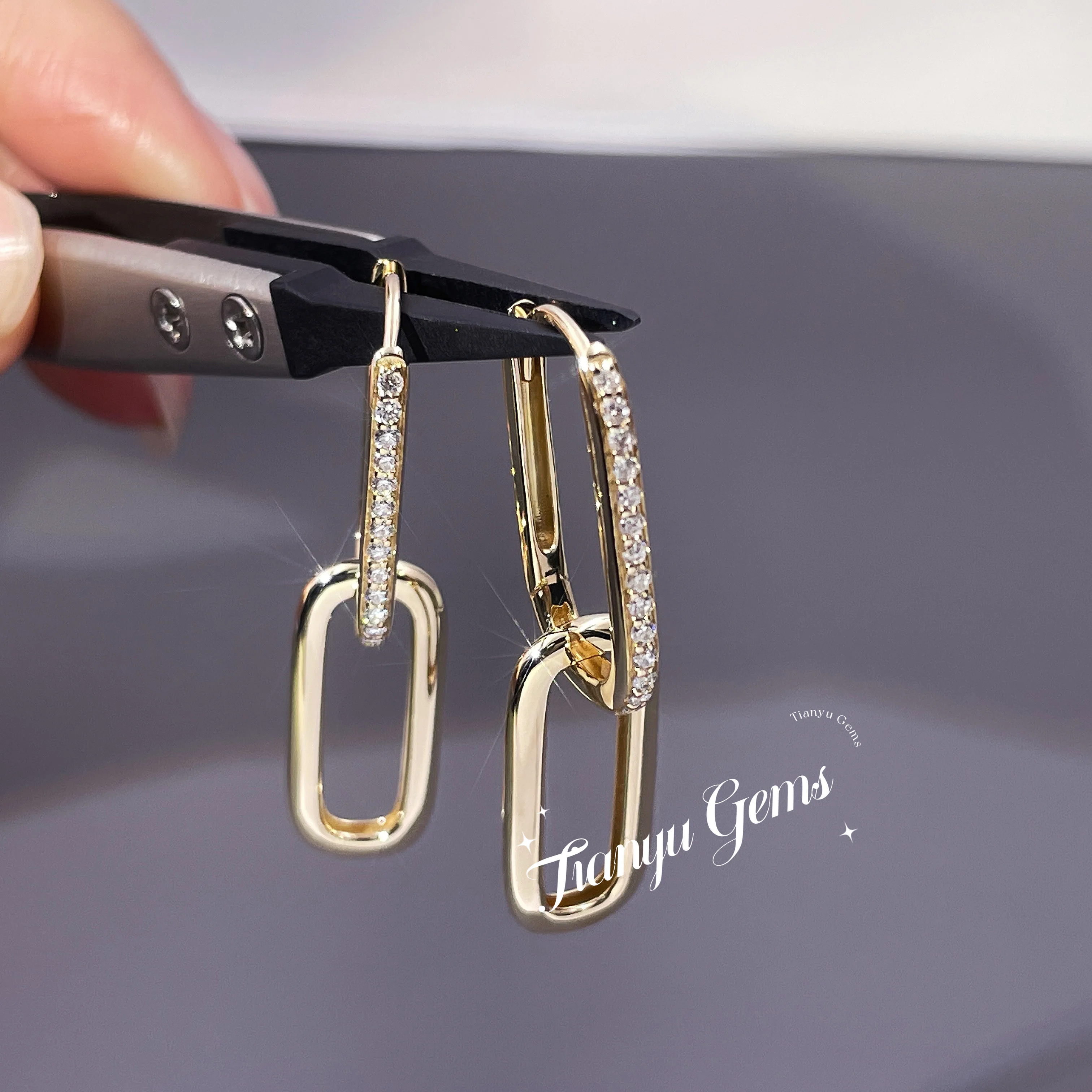 

Tianyu Gems 14k Link Chain Dangle Drop Earrings For Women 1.3mm Round DE Moissanite Diamond 10K Yellow Gold Wedding Clip Earring