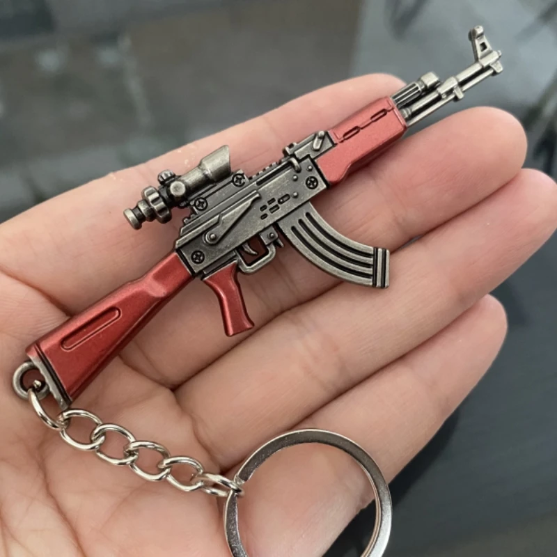 Free Base Mini AKM Gun Keychain PUBG Game Peripherals Metal Weapon Model Alloy AK 47 Light Key Chain Car Pendant Gift Toy 3