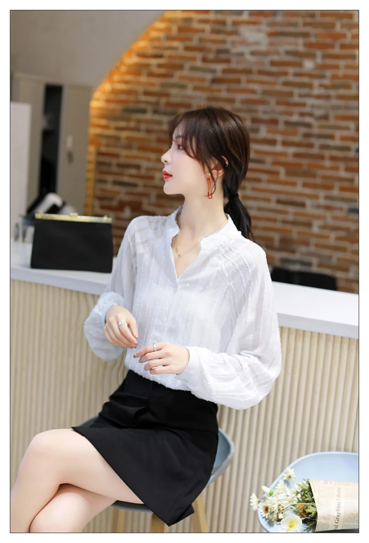 Новая женская рубашка с воротником-стойкой, белая шифоновая рубашка с ...