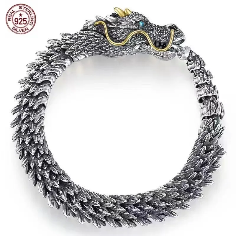 

S925 Sterling Silver Viking Black Gun Dragon Men Bracelet Rock Golden Horn Domineering Women Party Vintage Fashion Jewelry
