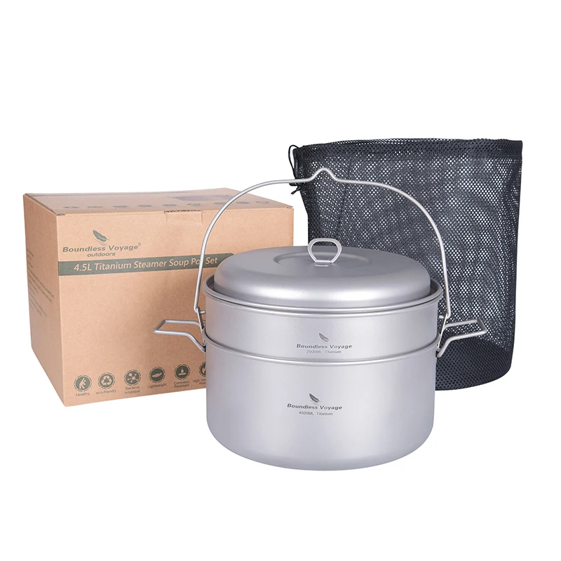 Boundless Voyage Titanium Steamer Soup Pot Set 3-5 Person Lightweight Outdoor Travel Camping Cookware Stockpot with Hanging Ring 6
