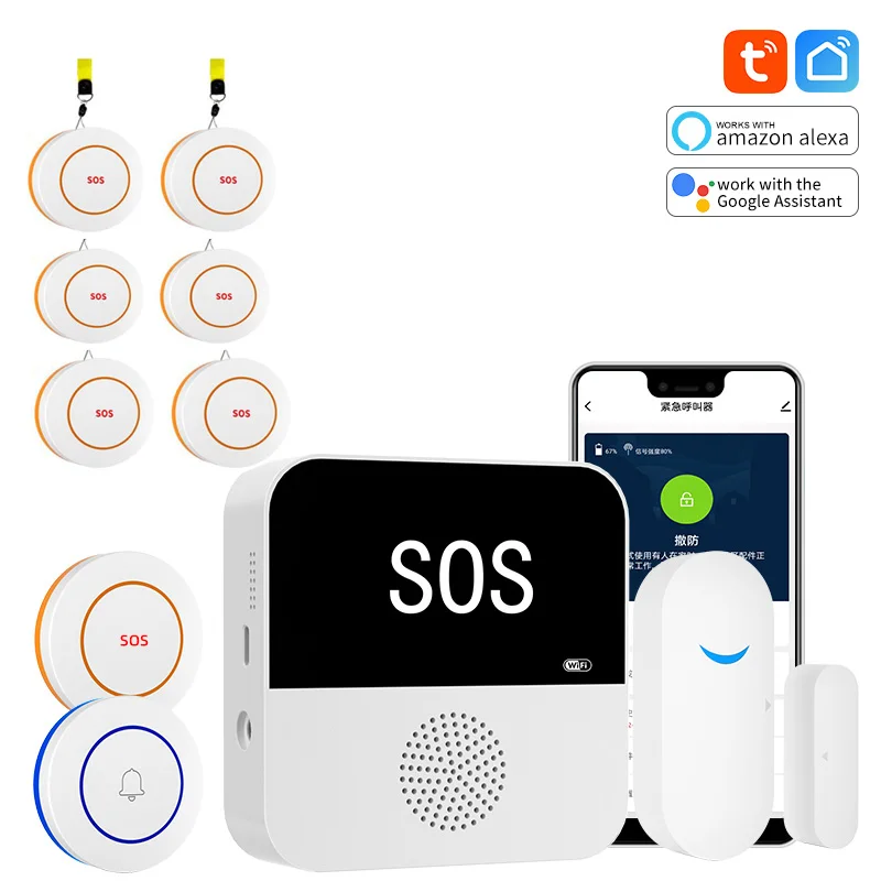 WiFi Elderly Caregiver Pager kit with SOS Button Door Bell Y Alarm Sensor Medical Alert System for the Seniors At Home
