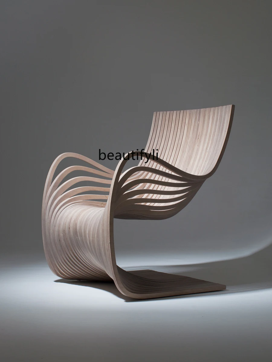 

Solid Wood Slice Leisure Chair Designer Curved Wood Chair Special-Shaped Rest Chair Coffee Shop Balcony Armrest Armchair