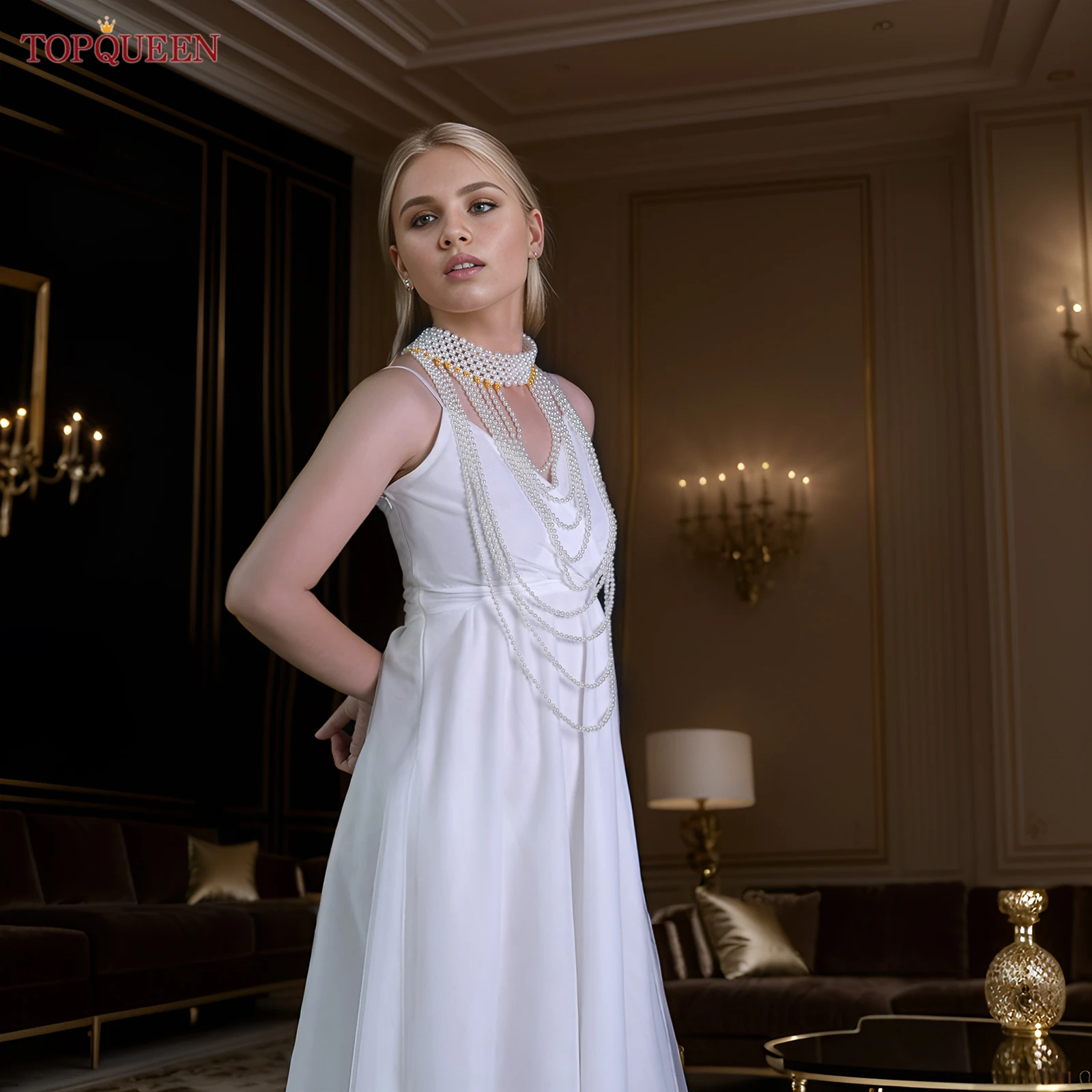 

TOPQUEEN Luxury pearl body chain fishtail wedding dress with cape necklace sexy bikini vestidos de noite VG102