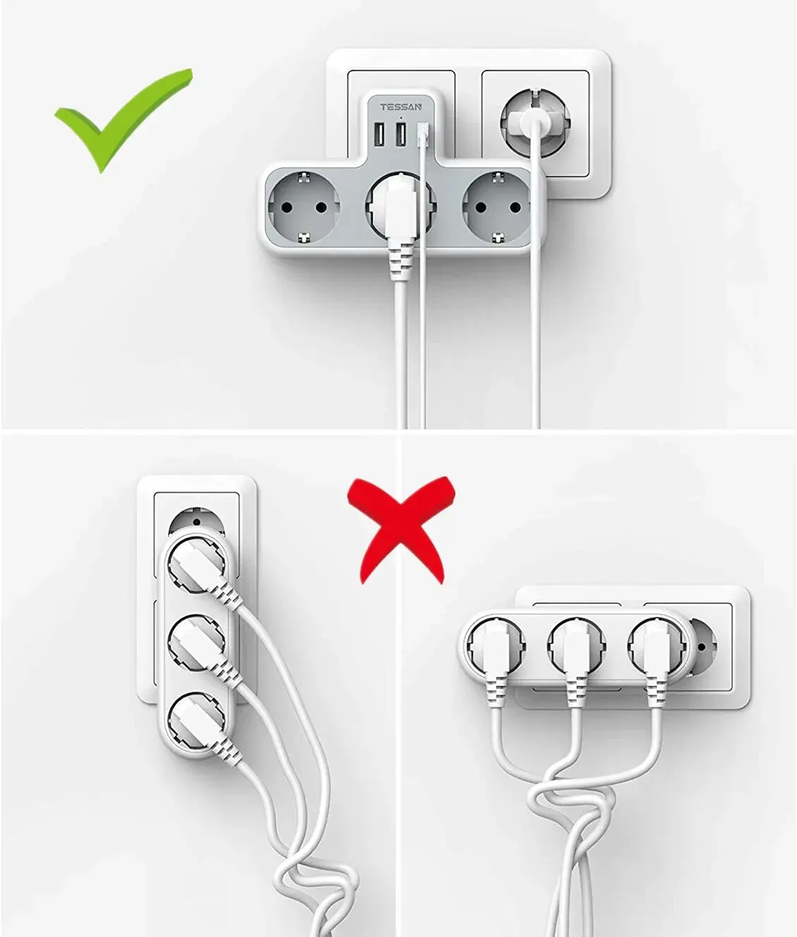 Power Strip Electrical Socket Power Socket Plug Adapter Power Plug Adapter Wall Socket Extender TESSAN EU Plug Power Strip 3 AC Outlets 3 USB Ports Multiple Wall Socket Adapter Overload Protection for Home Office