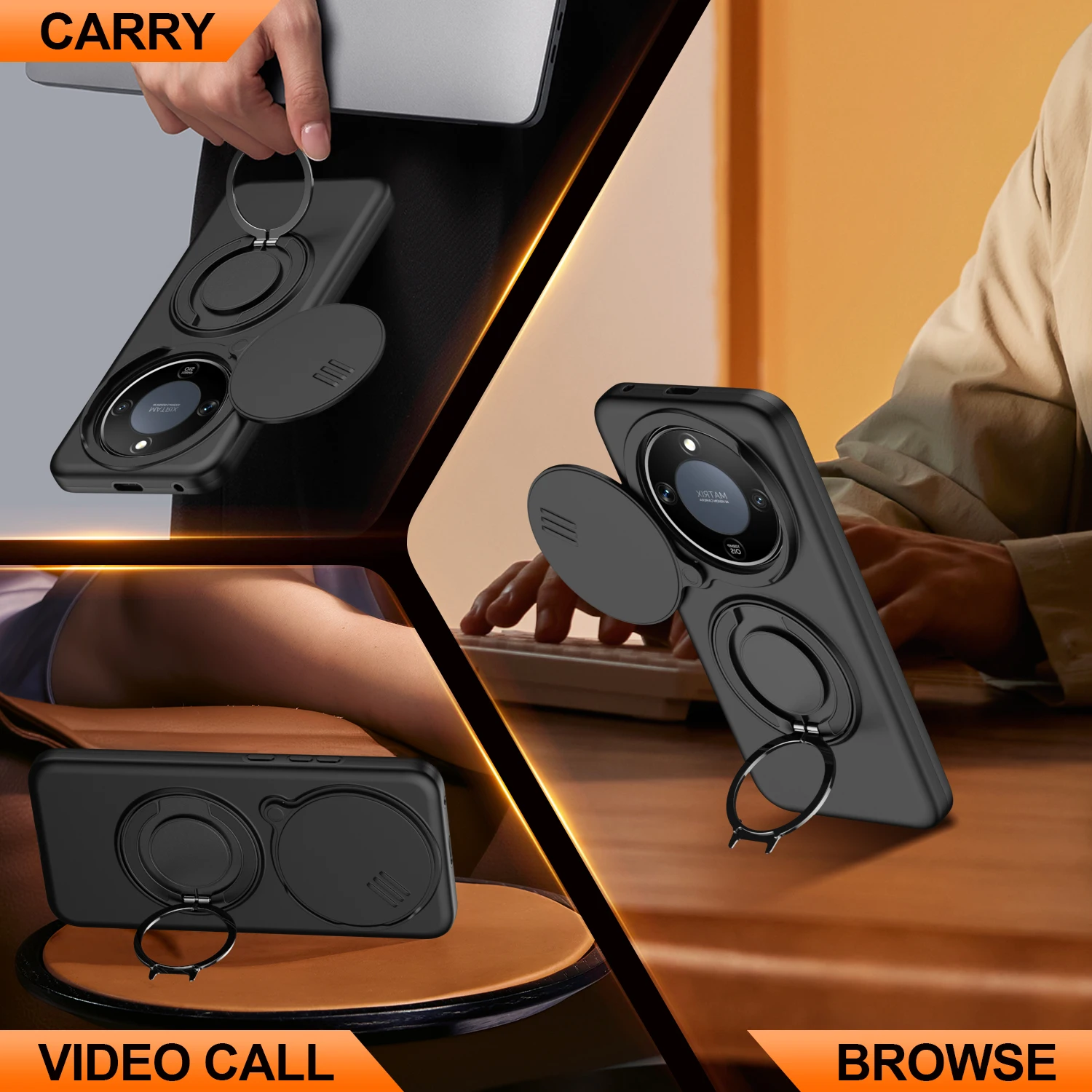 Sliding Camera Lens Protection Phone Case with Metal Ring Stand