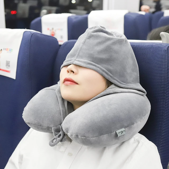 1pc almohada de viaje inflable, almohada de cuello inflable ajustable,  almohada inflable portátil en forma de U con máscara para los ojos, tapón  para los oídos y bolsa de transporte