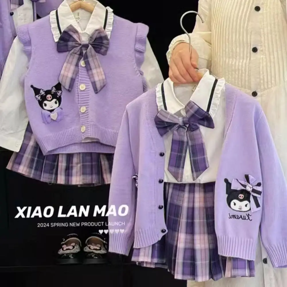 

24 Sanrio Jk Suit Child Girl Kuromi Pleated Skirt New Kawaii Anime Figure Cardigan Shirt Cartoon Student Preppy Style Kids Gifts