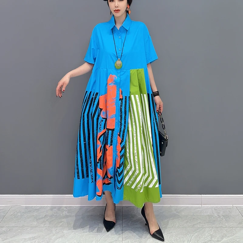 Loose Fit Chic Summer Woman Casual Big Size Black Striped Printed