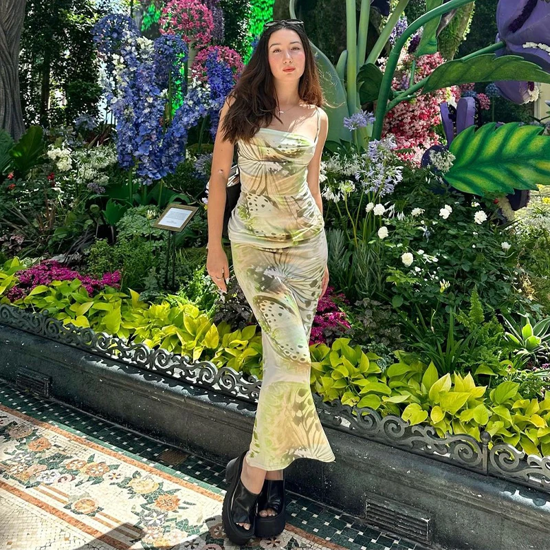 

Lygens Tie Dye Butterfly Print Sleeveless Ruched Midi Slim Women Dress Elegant Party Ladies Autumn Wholesale 2023 New Clothing
