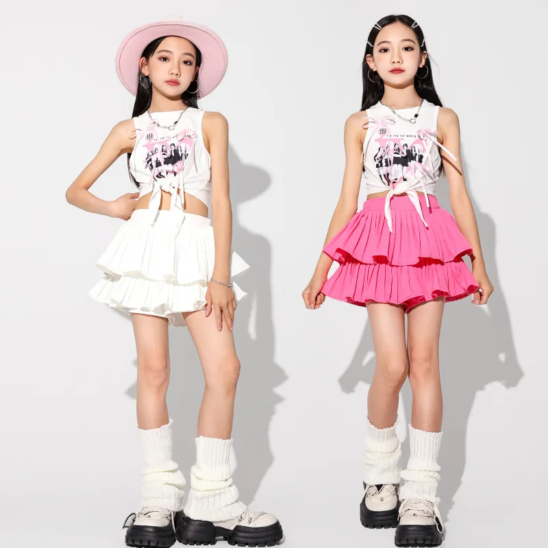 Pink Fashion Summer Hip Hop Dance Costume 4 Girls Jazz T Shirt Skirt Kid Ballroom Dancing Clothes Stage Outfit Perform Show Wear