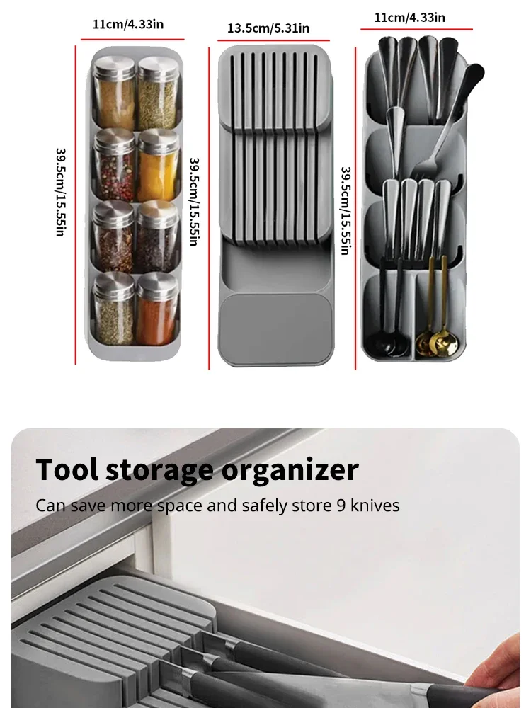 Description Picture 5 of itemMultipurpose Cutlery Silverware Kitchen Utensil Drawers Organizer Block Holder Knives Forks Spoon Spice Bottle Storage Rack Tray