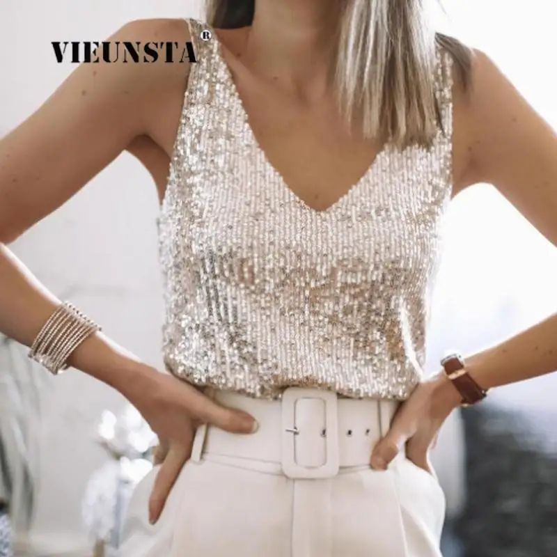 

2024 Summer New Women Elegant Sexy Sequin Shiny Loose V-Neck Metal Texture Top Club Backless Beach Sequined Tank Tops